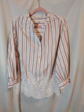 Pilcro Striped Cotton Long-Sleeve Lacey Tunic Top